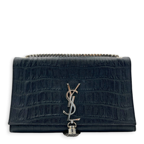 Kate Shoulder Bag Black in Crocodile Embossed Calfskin, Silver hardware