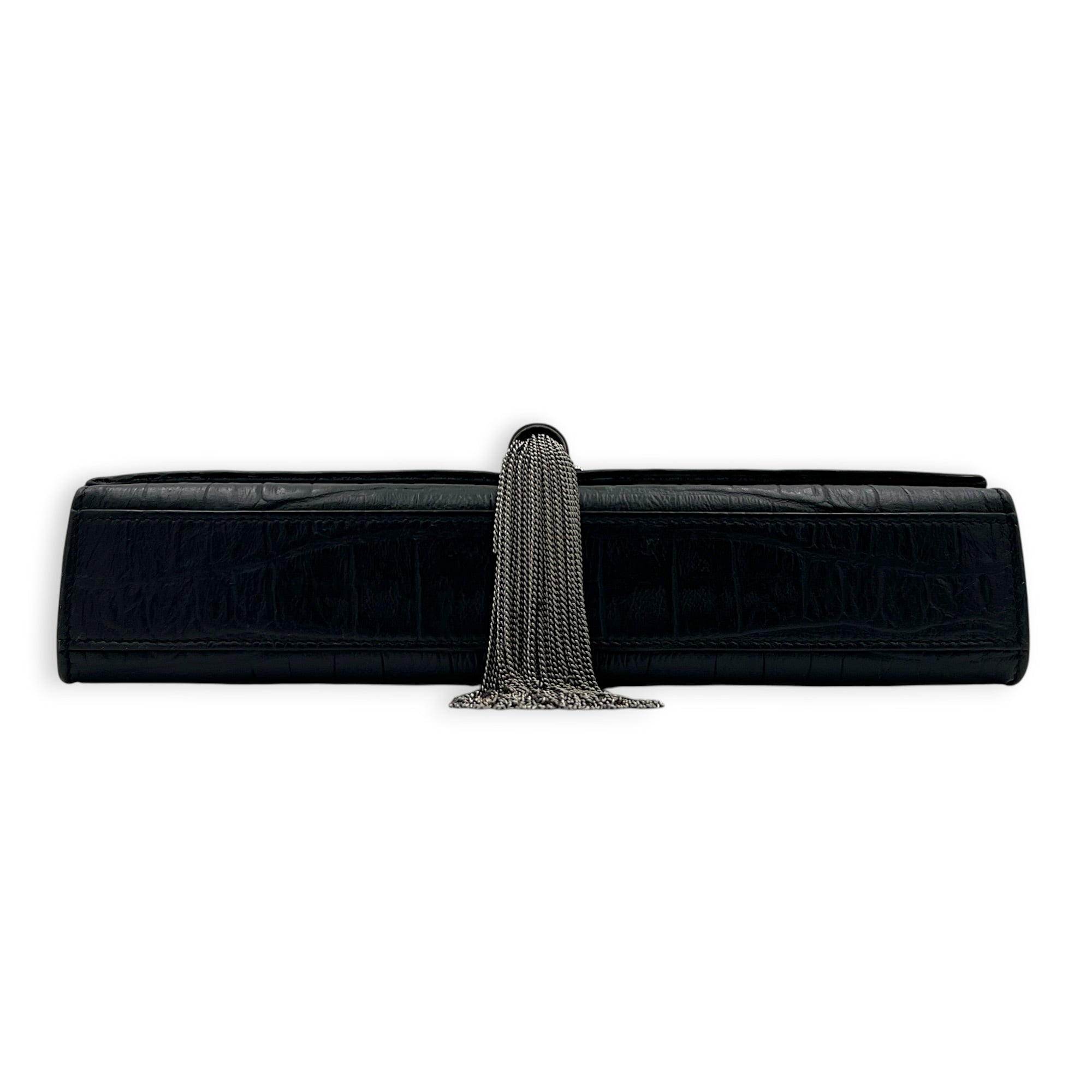 Kate Shoulder Bag Black in Crocodile Embossed Calfskin, Silver hardware