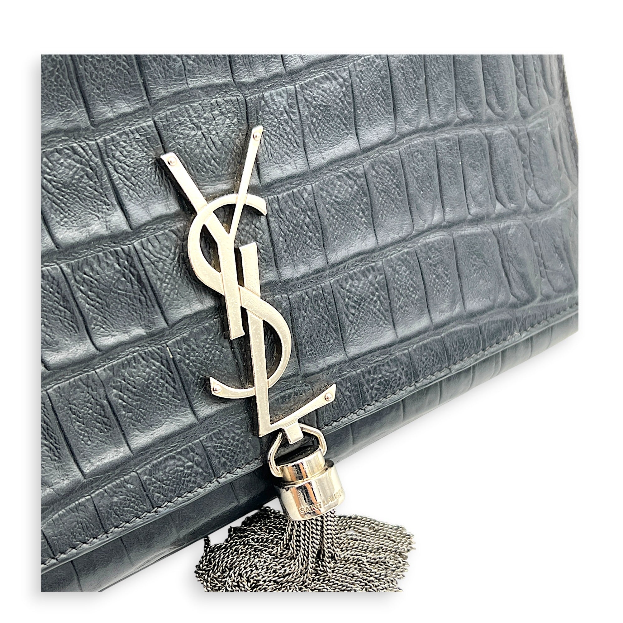 Kate Shoulder Bag Black in Crocodile Embossed Calfskin, Silver hardware