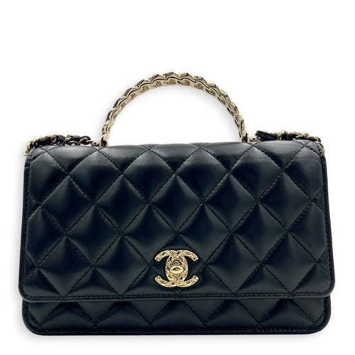 CC Top Handle Wallet On Chain Black in Lambskin, Gold hardware