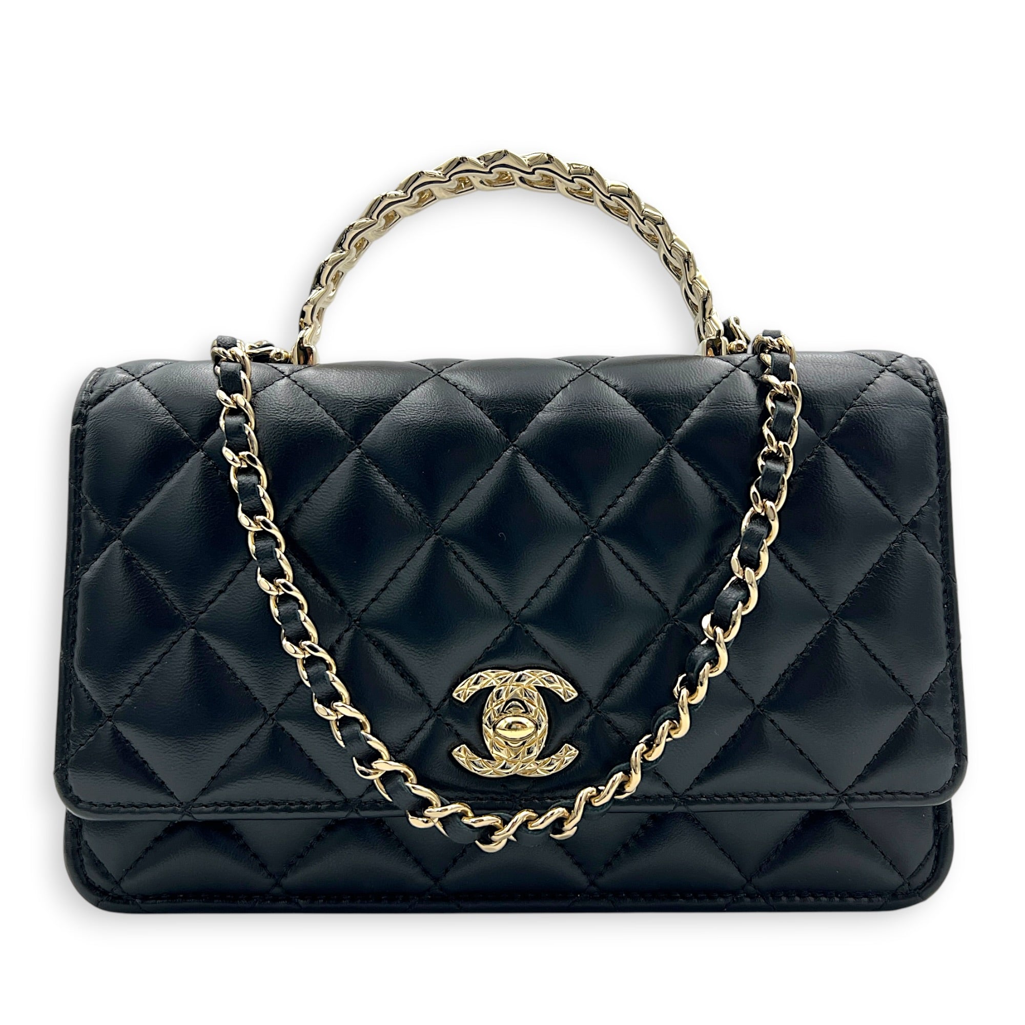 CC Top Handle Wallet On Chain Black in Lambskin, Gold hardware