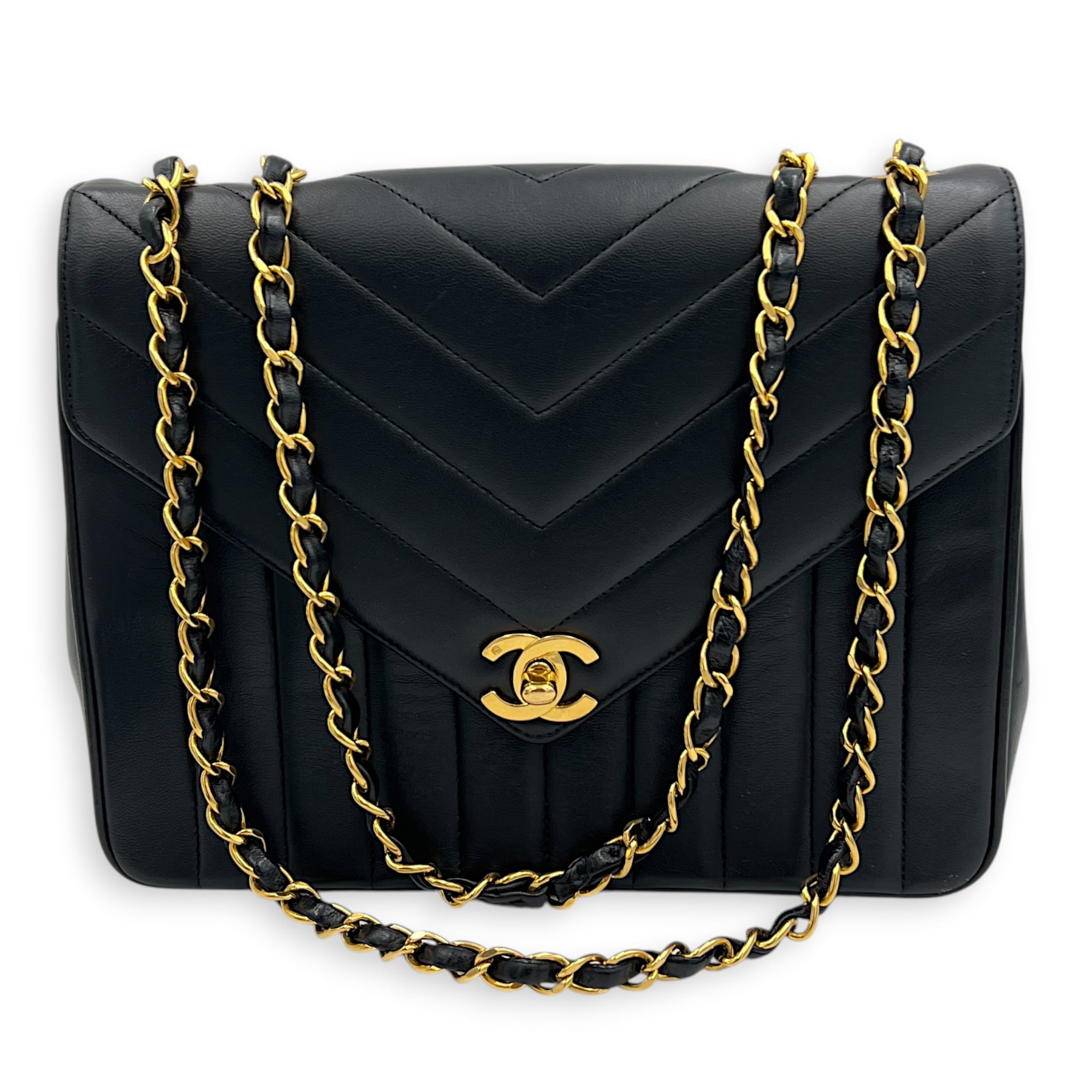 CC Vintage Chevron Envelope Flap Shoulder Bag Black in Lambskin, Gold hardware