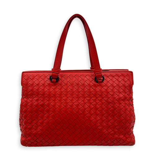 Intrecciato Top Handle Bag Red in Calfskin, Ruthenium hardware