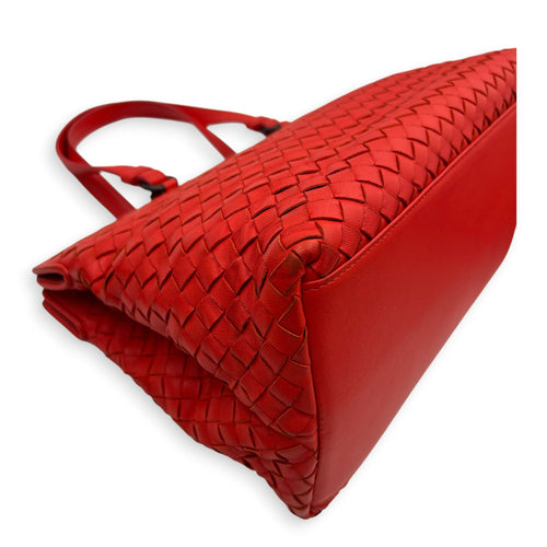 Intrecciato Top Handle Bag Red in Calfskin, Ruthenium hardware