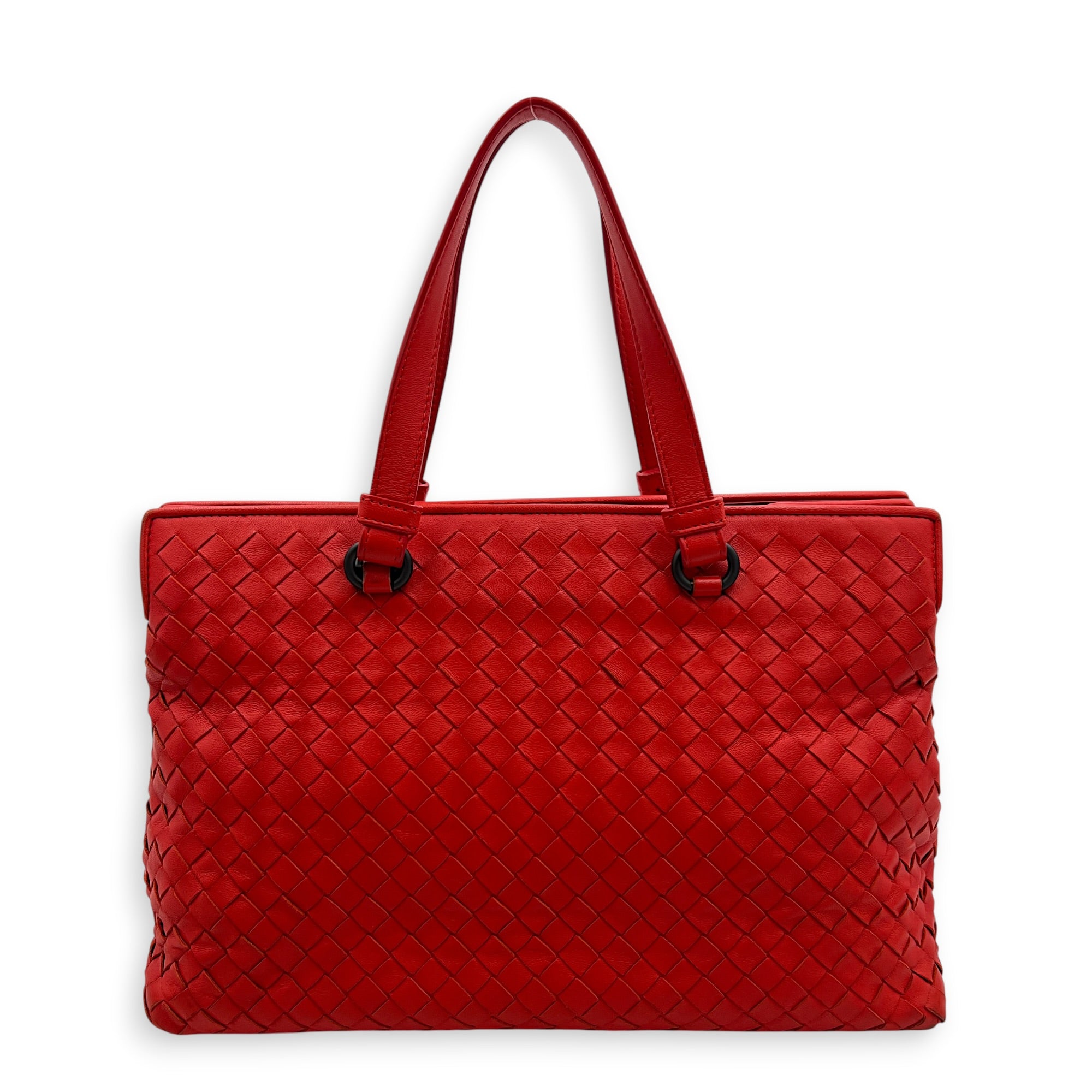 Intrecciato Top Handle Bag Red in Calfskin, Ruthenium hardware