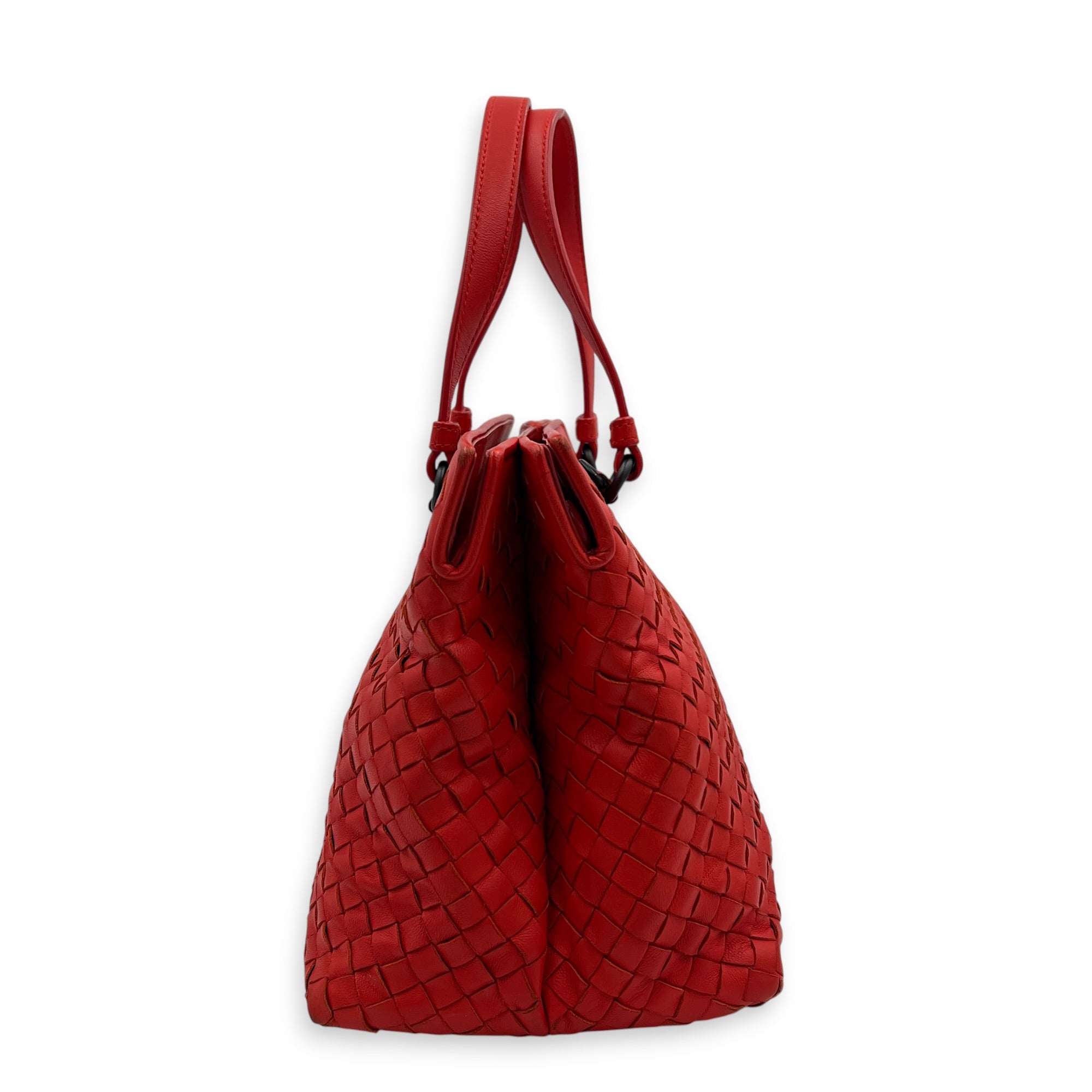 Intrecciato Top Handle Bag Red in Calfskin, Ruthenium hardware