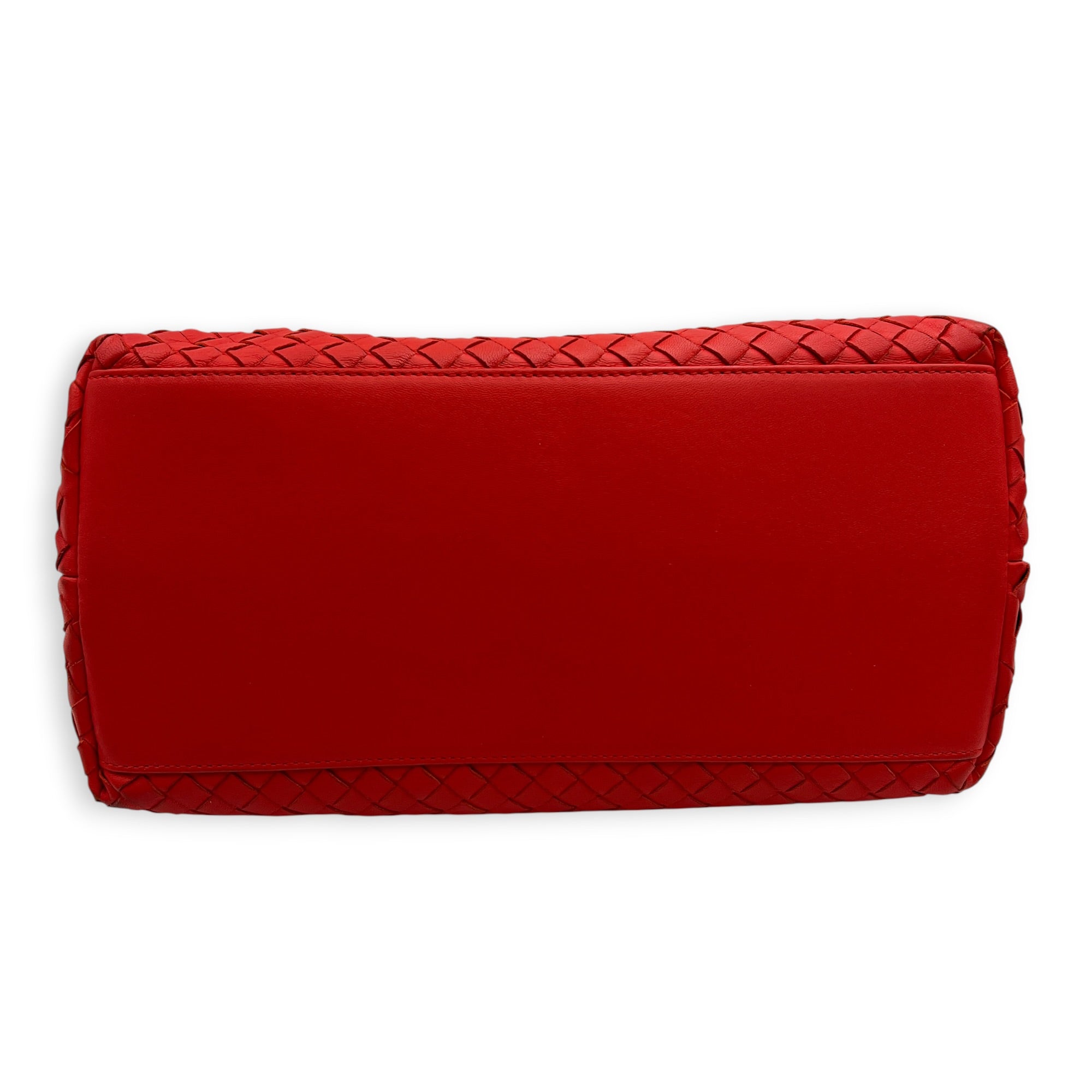 Intrecciato Top Handle Bag Red in Calfskin, Ruthenium hardware