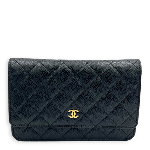 CC Wallet On Chain Black in Caviar Leather, Gold hardware