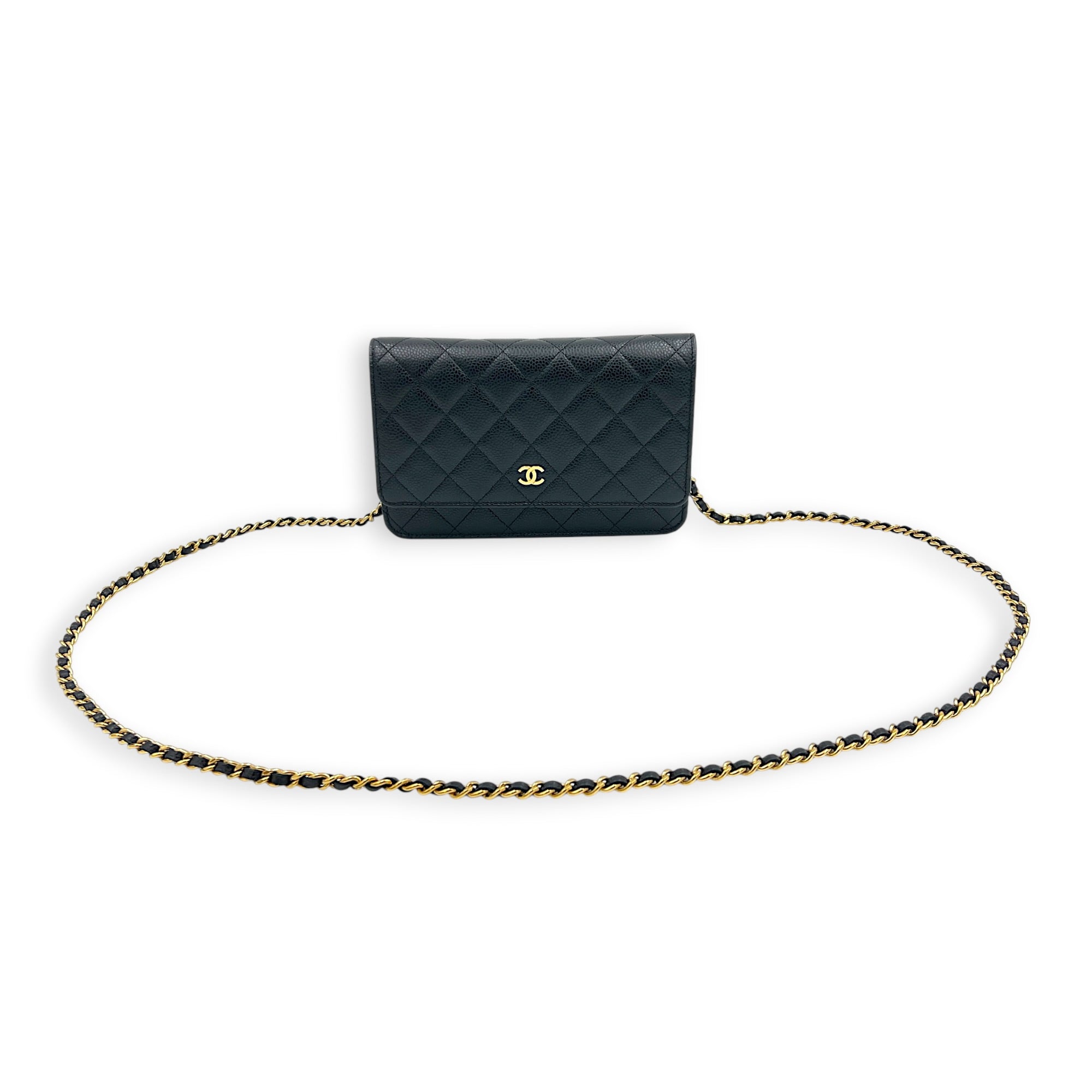 CC Wallet On Chain Black in Caviar Leather, Gold hardware
