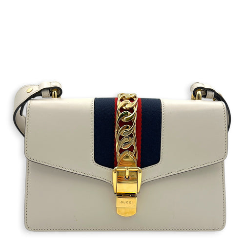 Sylvie White Shoulder Bag in Calfskin, Gold hardware