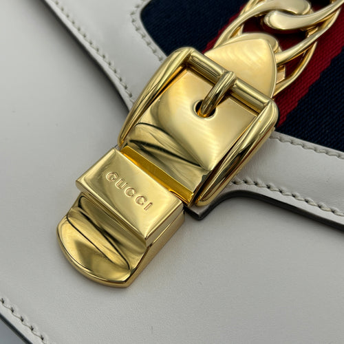 Sylvie White Shoulder Bag in Calfskin, Gold hardware