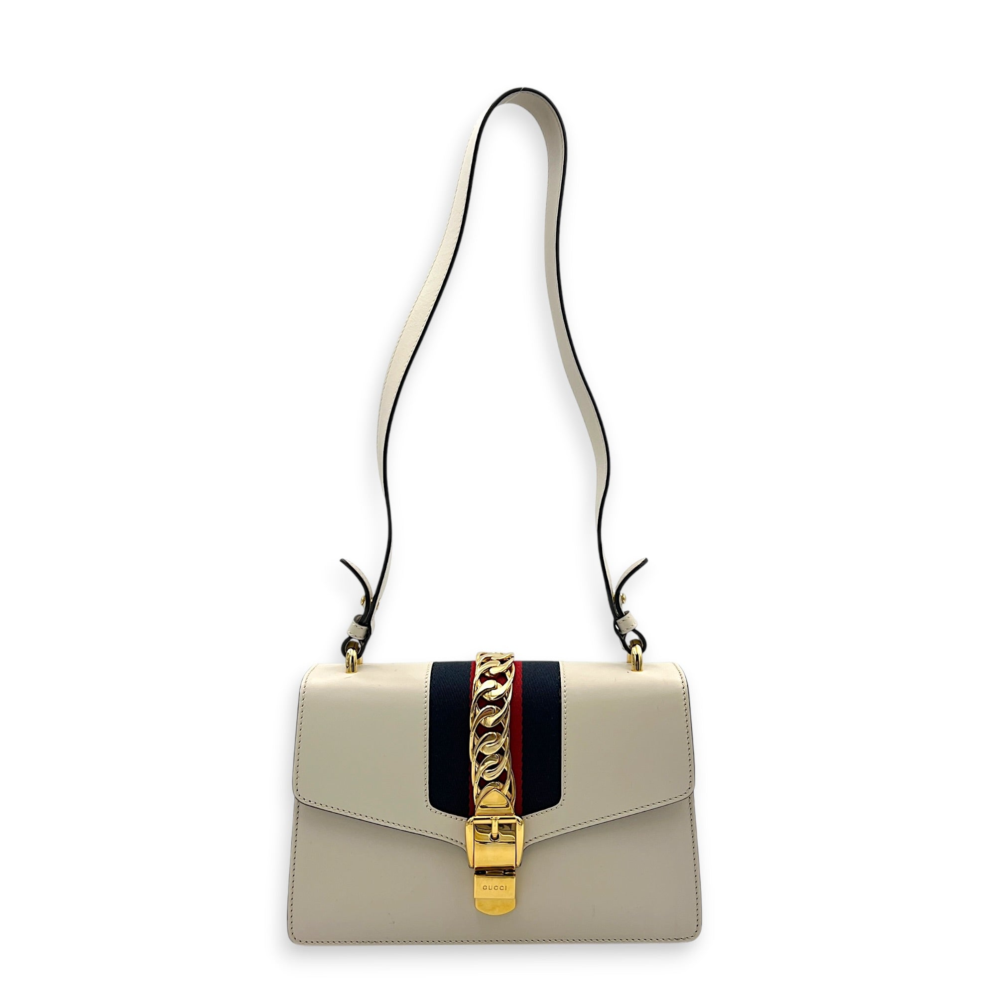 Sylvie White Shoulder Bag in Calfskin, Gold hardware