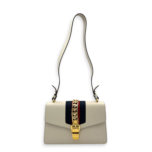 Sylvie White Shoulder Bag in Calfskin, Gold hardware