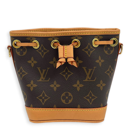 Noe Nano Brown Crossbody Bag in Coated Canvas, Gold hardware