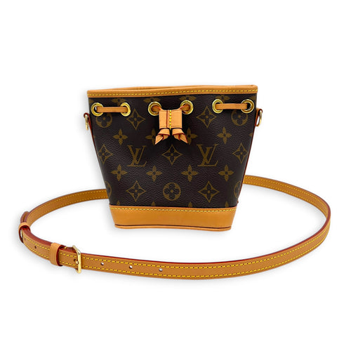 Noe Nano Brown Crossbody Bag in Coated Canvas, Gold hardware