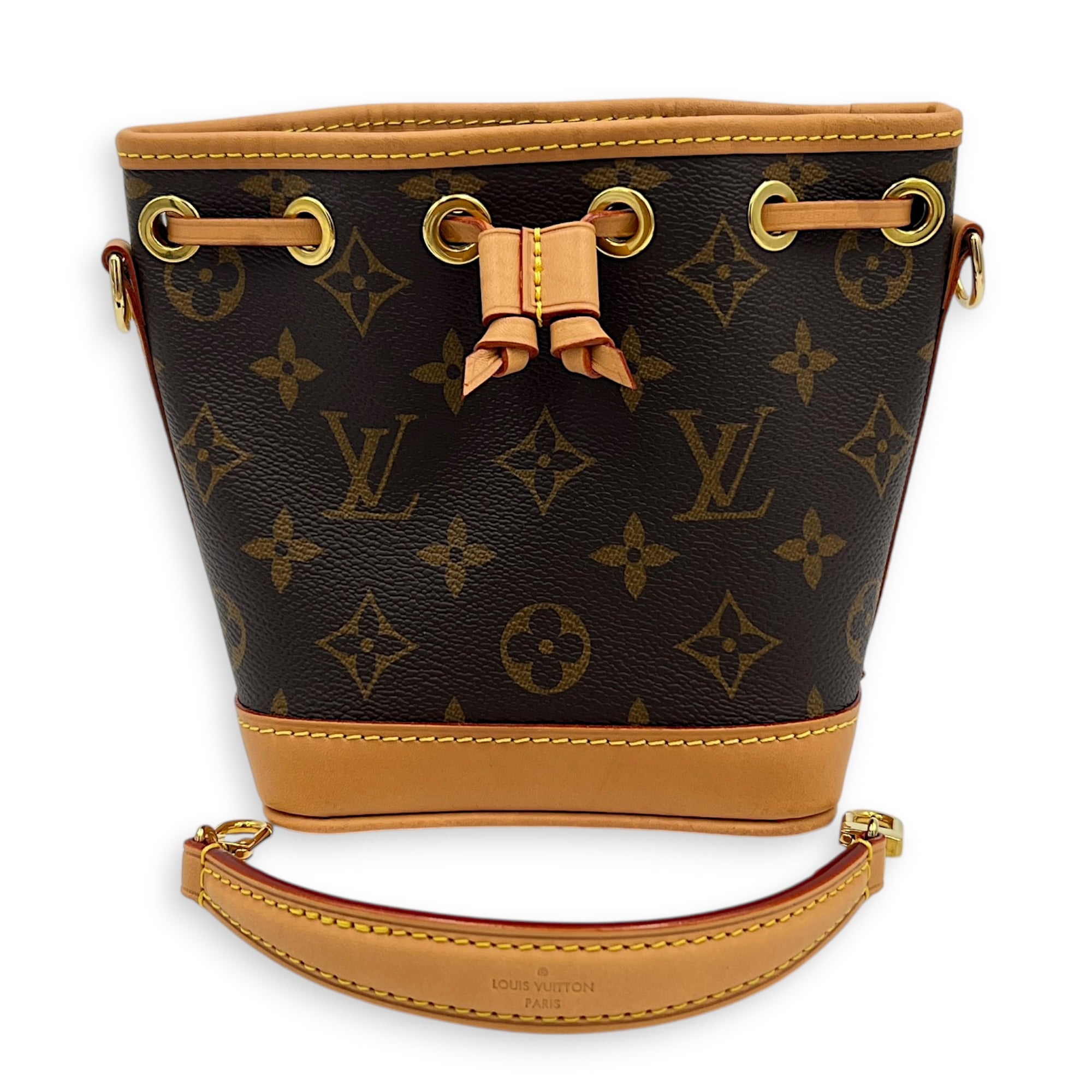 Noe Nano Brown Crossbody Bag in Coated Canvas, Gold hardware