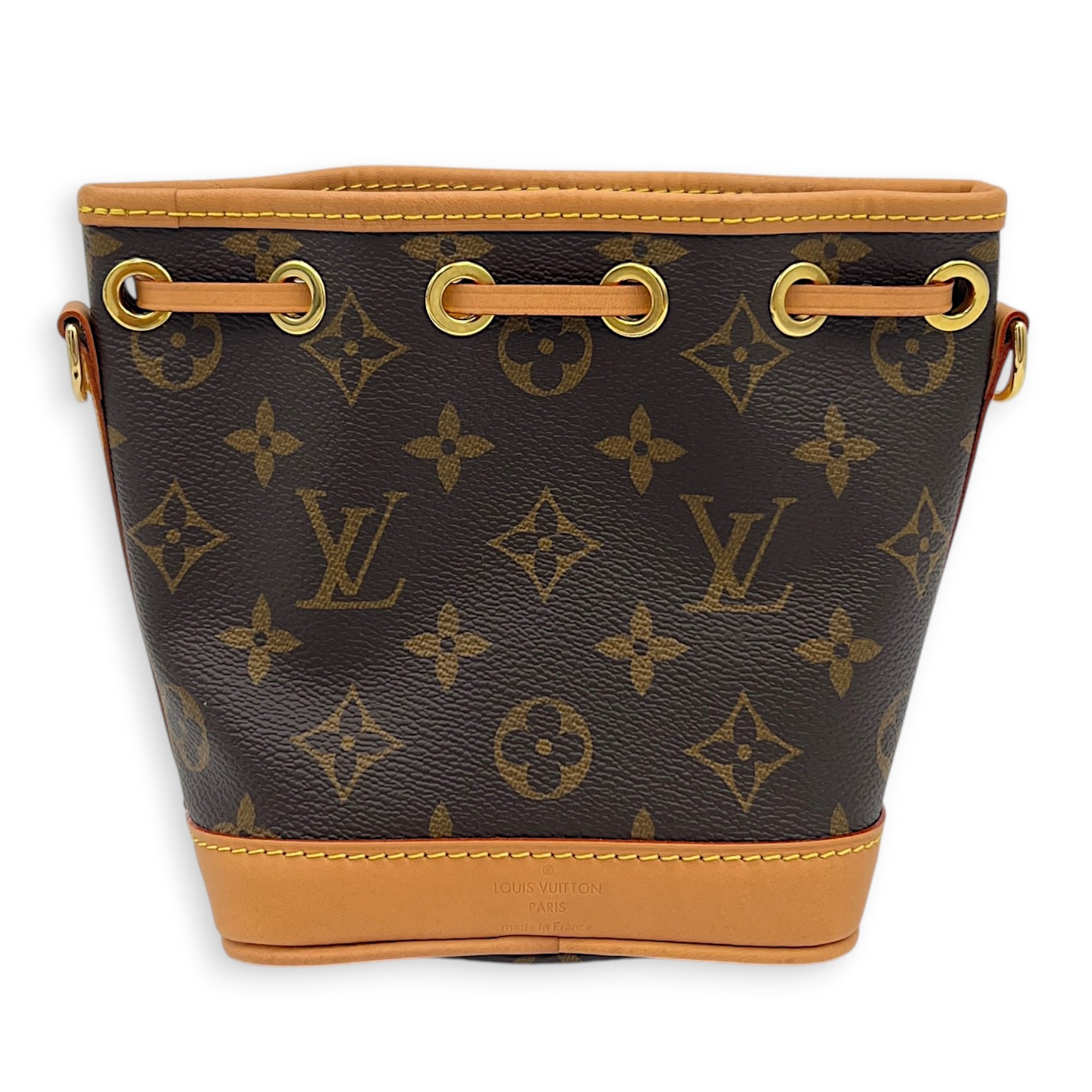 Noe Nano Brown Crossbody Bag in Coated Canvas, Gold hardware