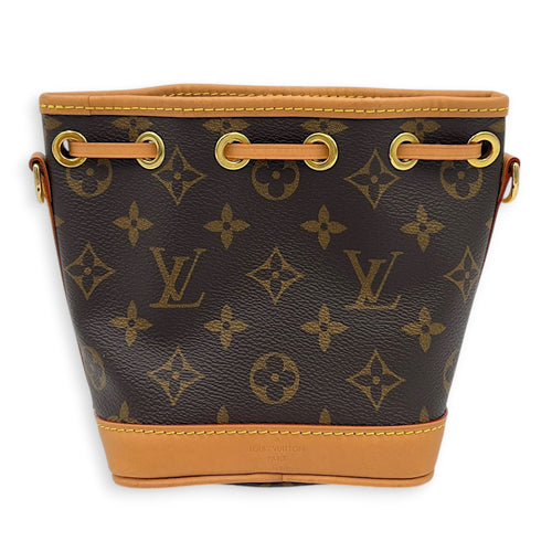 Noe Nano Brown Crossbody Bag in Coated Canvas, Gold hardware