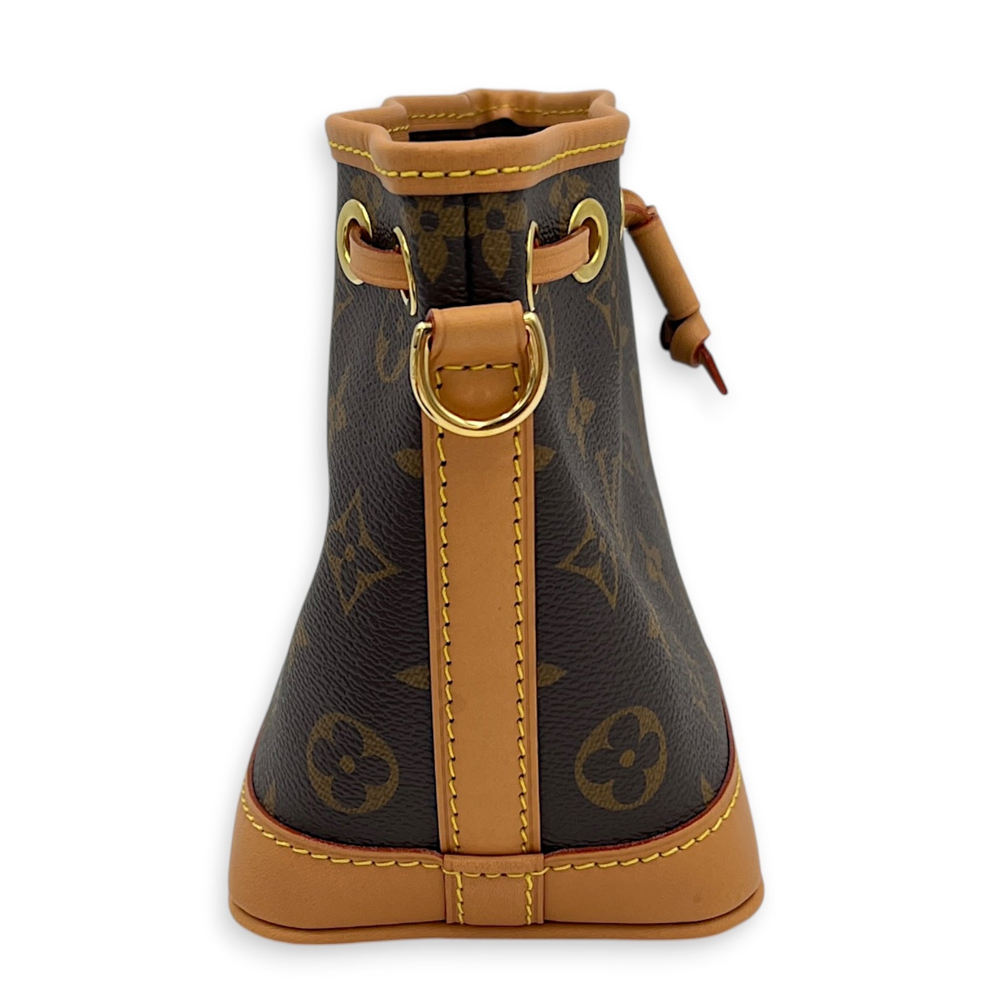Noe Nano Brown Crossbody Bag in Coated Canvas, Gold hardware