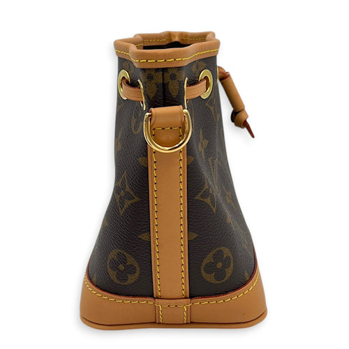 Noe Nano Brown Crossbody Bag in Coated Canvas, Gold hardware
