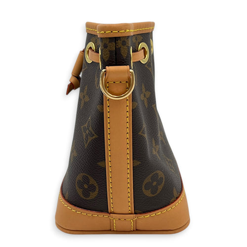 Noe Nano Brown Crossbody Bag in Coated Canvas, Gold hardware