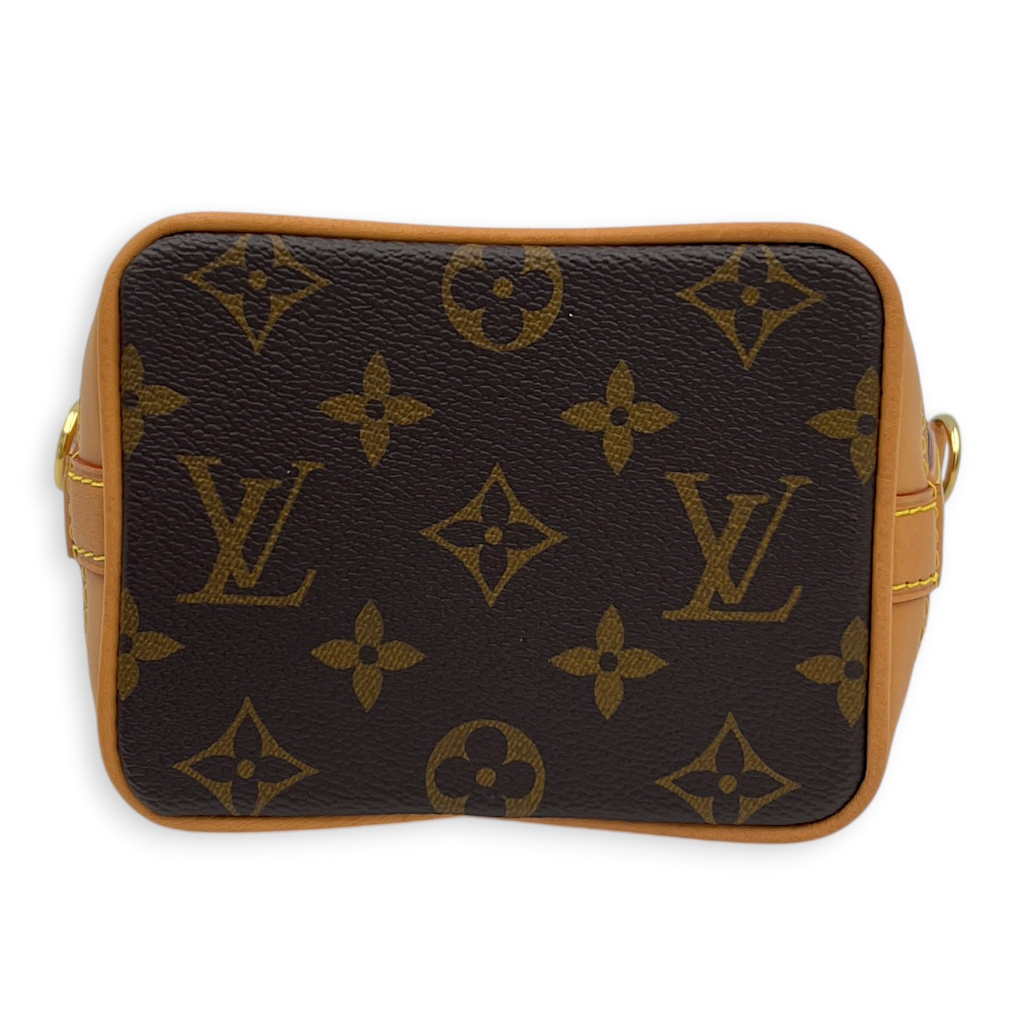 Noe Nano Brown Crossbody Bag in Coated Canvas, Gold hardware