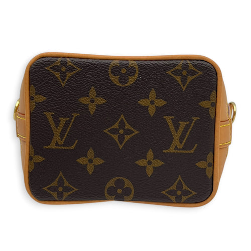 Noe Nano Brown Crossbody Bag in Coated Canvas, Gold hardware