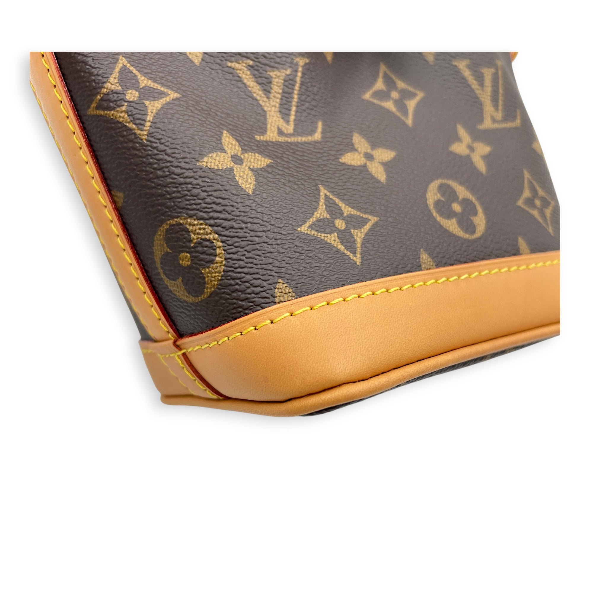 Noe Nano Brown Crossbody Bag in Coated Canvas, Gold hardware