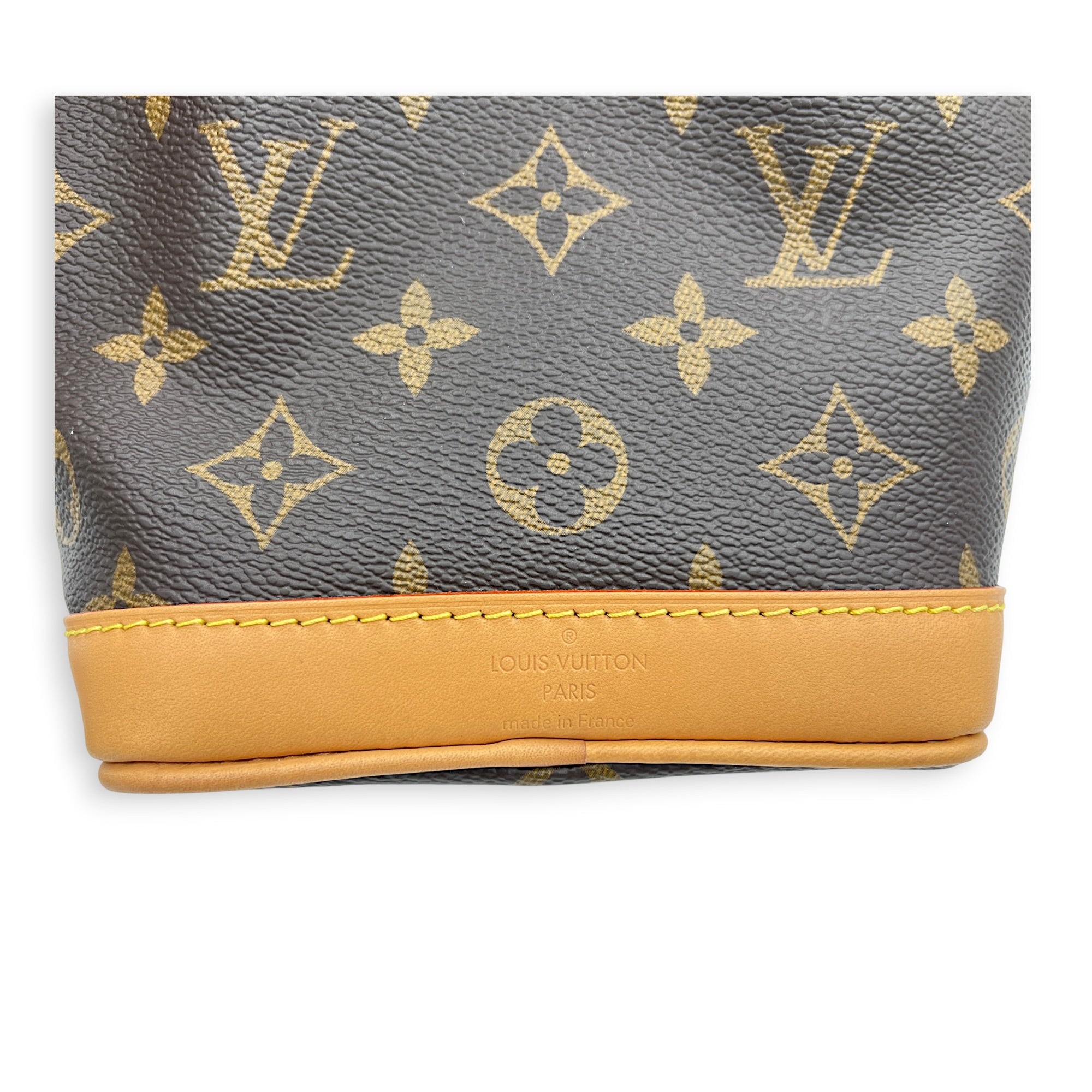 Noe Nano Brown Crossbody Bag in Coated Canvas, Gold hardware