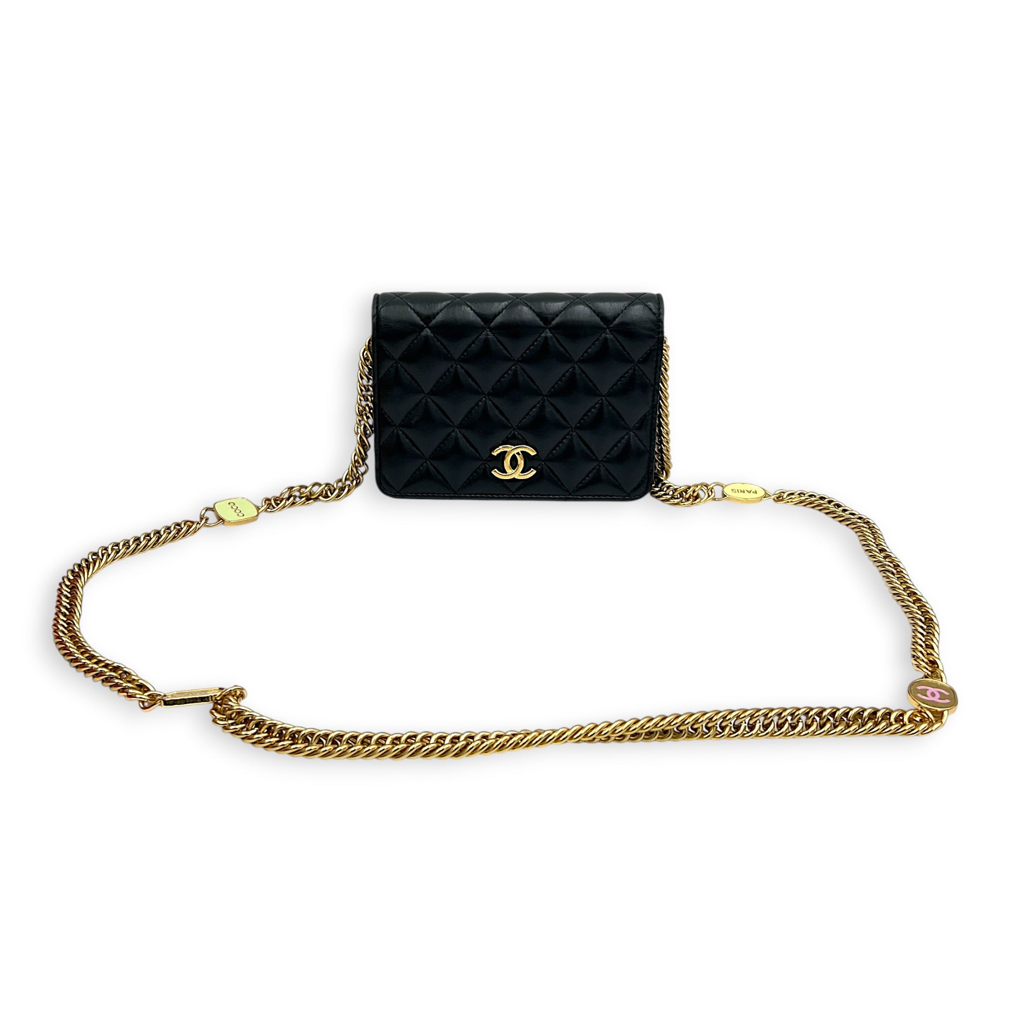 CC Charms Wallet On Chain in Lambskin, Gold hardware