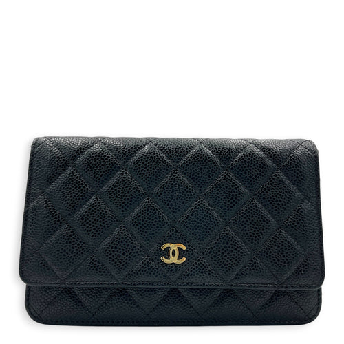CC Wallet On Chain Black in Caviar Leather, Silver hardware