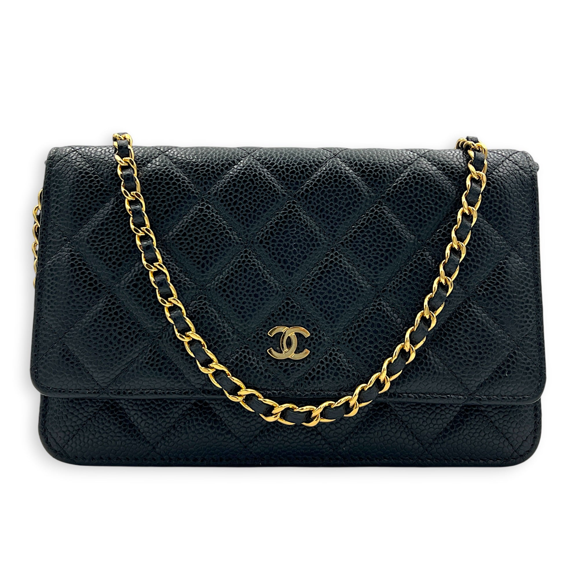 CC Wallet On Chain Black in Caviar Leather, Silver hardware
