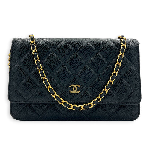 CC Wallet On Chain Black in Caviar Leather, Silver hardware