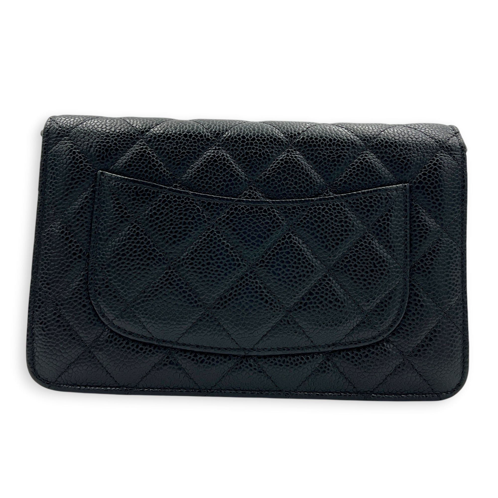 CC Wallet On Chain Black in Caviar Leather, Silver hardware