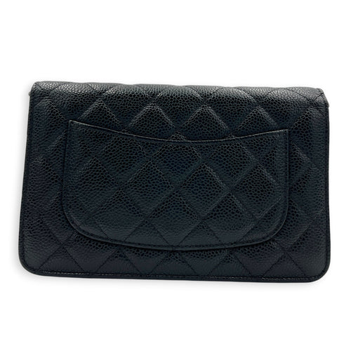 CC Wallet On Chain Black in Caviar Leather, Silver hardware