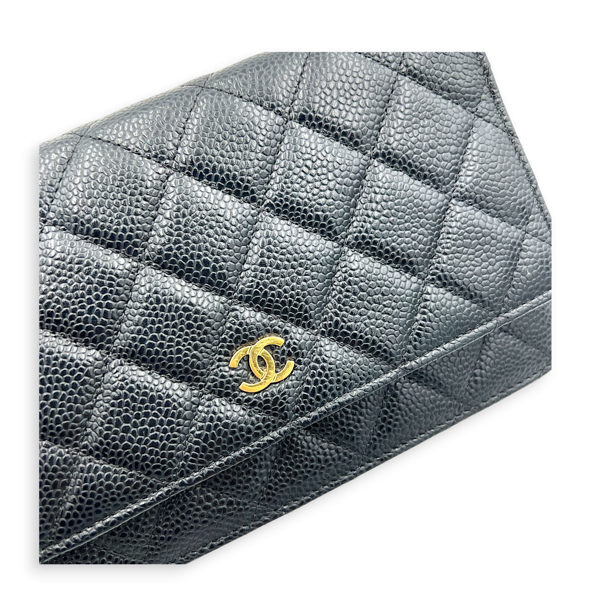 CC Wallet On Chain Black in Caviar Leather, Silver hardware