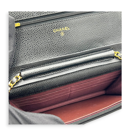 CC Wallet On Chain Black in Caviar Leather, Silver hardware