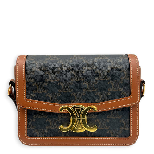 Triomphe Teen Brown Crossbody Bag in Coated Canvas, Gold hardware