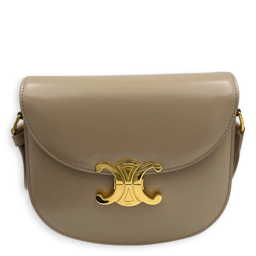 Triomphe Besace Teen Beige Crossbody Bag in Calfskin, Gold hardware