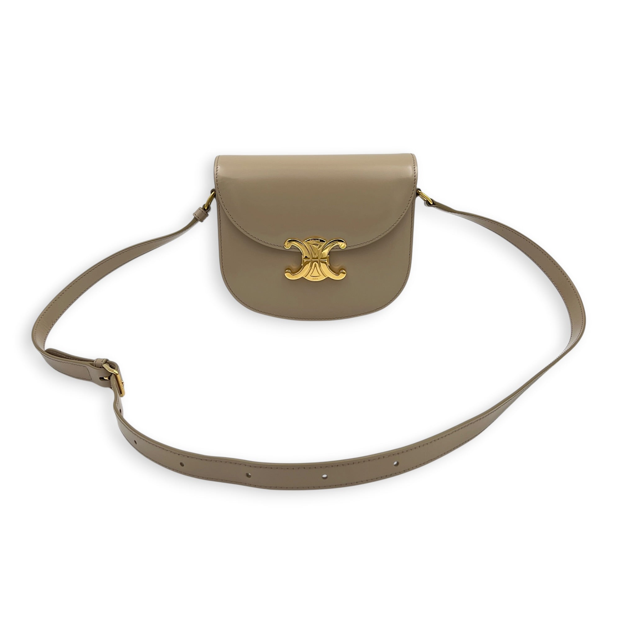 Triomphe Besace Teen Beige Crossbody Bag in Calfskin, Gold hardware