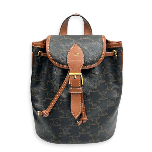 Folco Mini Brown Backpack in Coated Canvas, Gold hardware