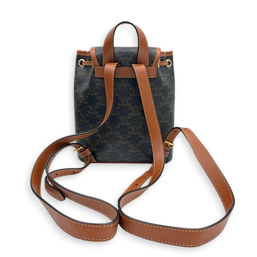 Folco Mini Brown Backpack in Coated Canvas, Gold hardware