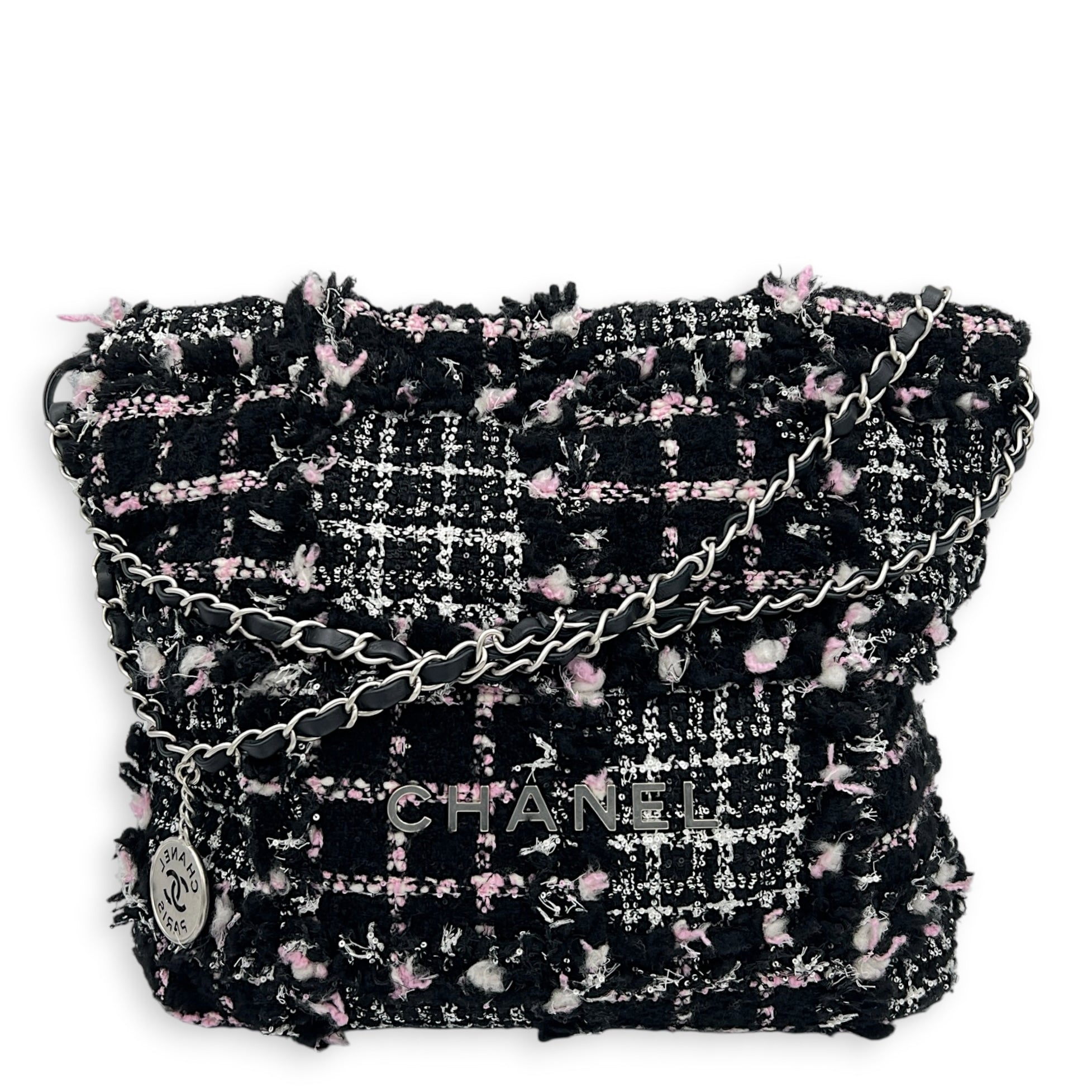 22 Tote Small Black Shoulder Bag in Tweed, Silver hardware