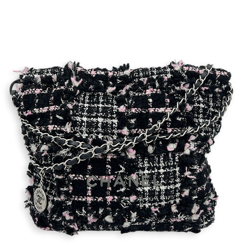 22 Tote Small Black Shoulder Bag in Tweed, Silver hardware