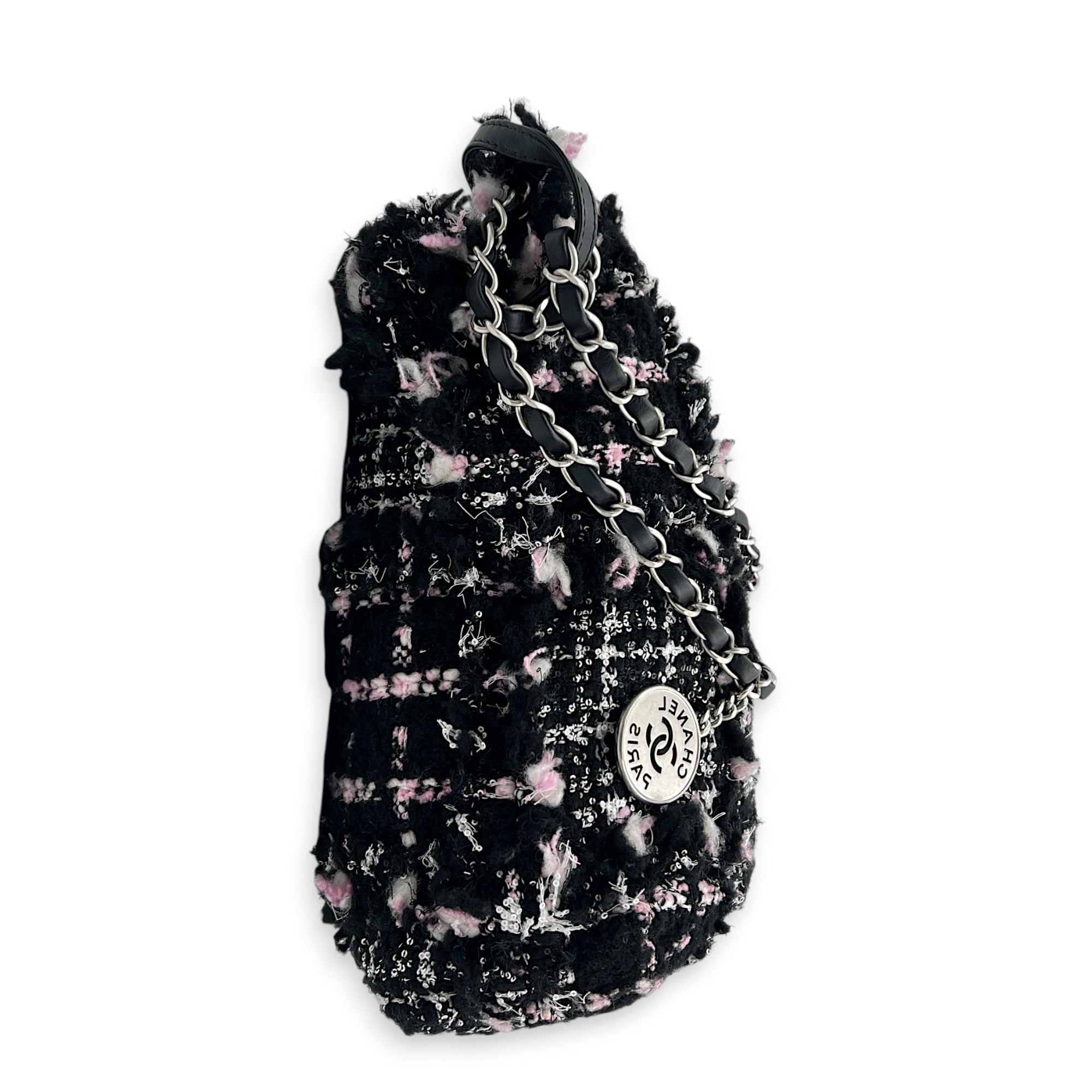 22 Tote Small Black Shoulder Bag in Tweed, Silver hardware