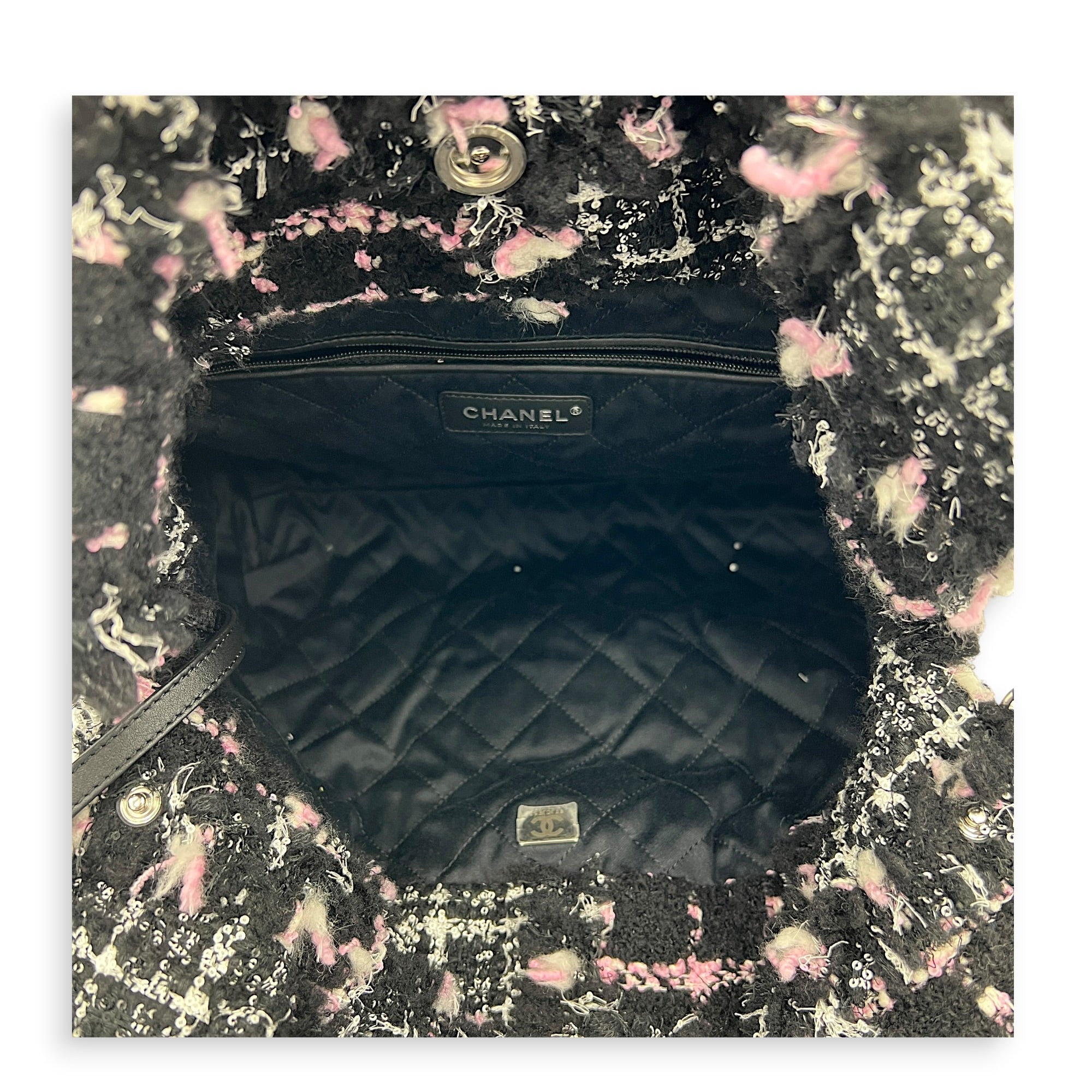 22 Tote Small Black Shoulder Bag in Tweed, Silver hardware