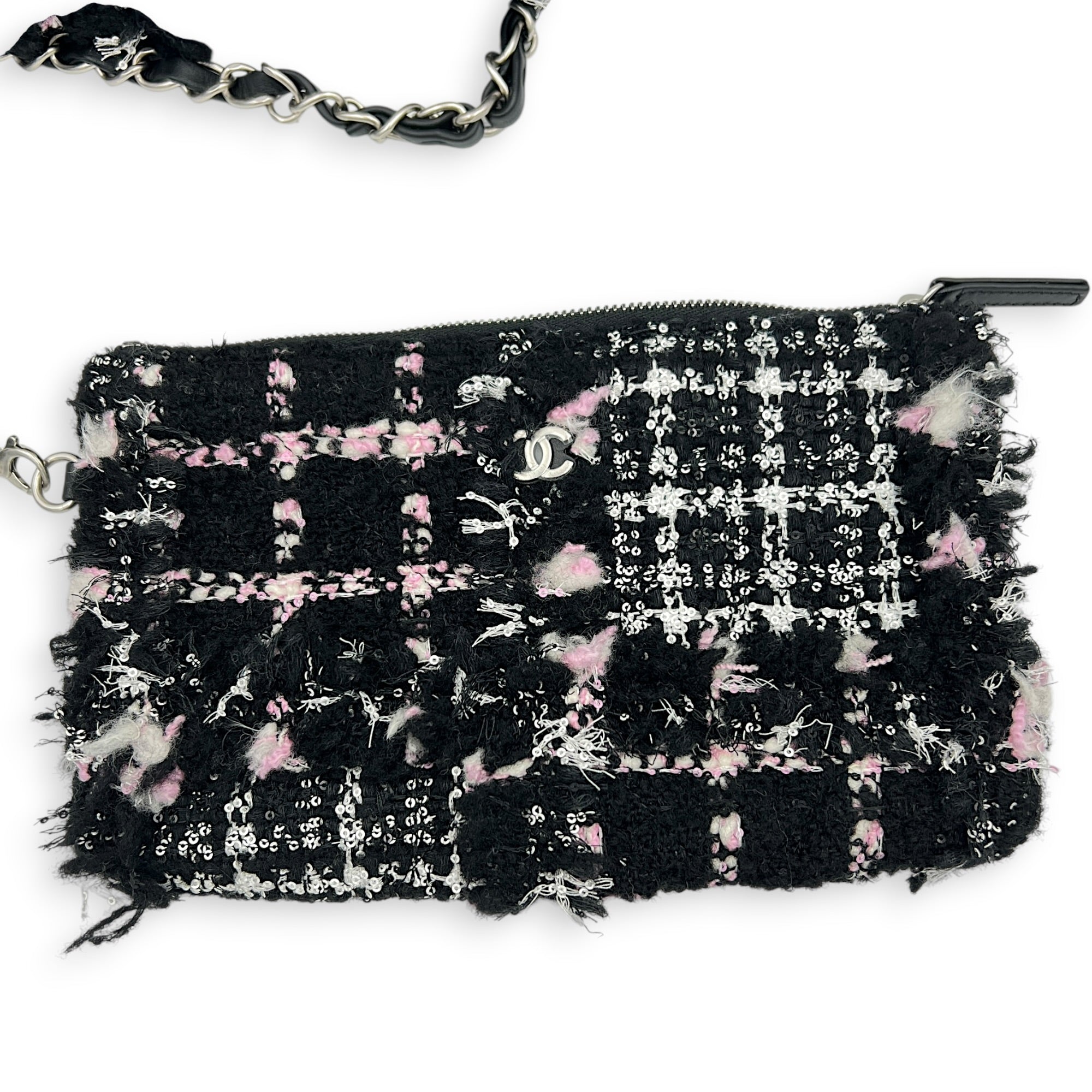 22 Tote Small Black Shoulder Bag in Tweed, Silver hardware