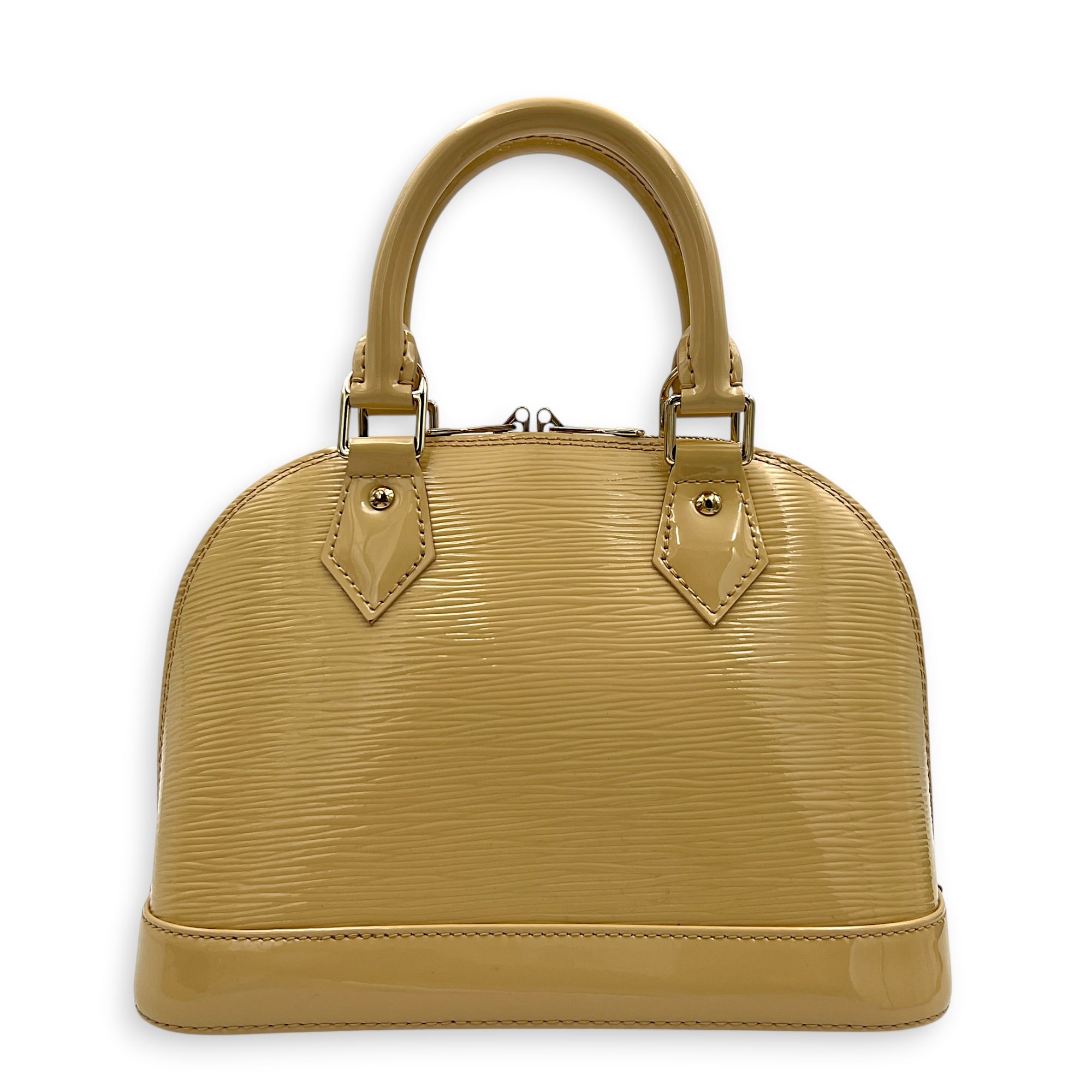 Alma Top Handle Bag BB Beige in Patent Leather, Silver hardware