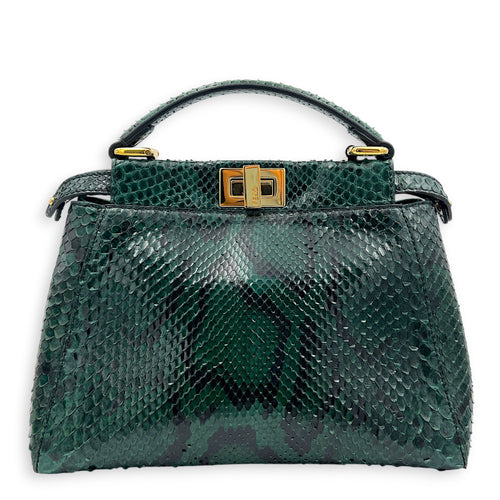 Peekaboo Top Handle Bag Green in Python Leather, Gold hardware