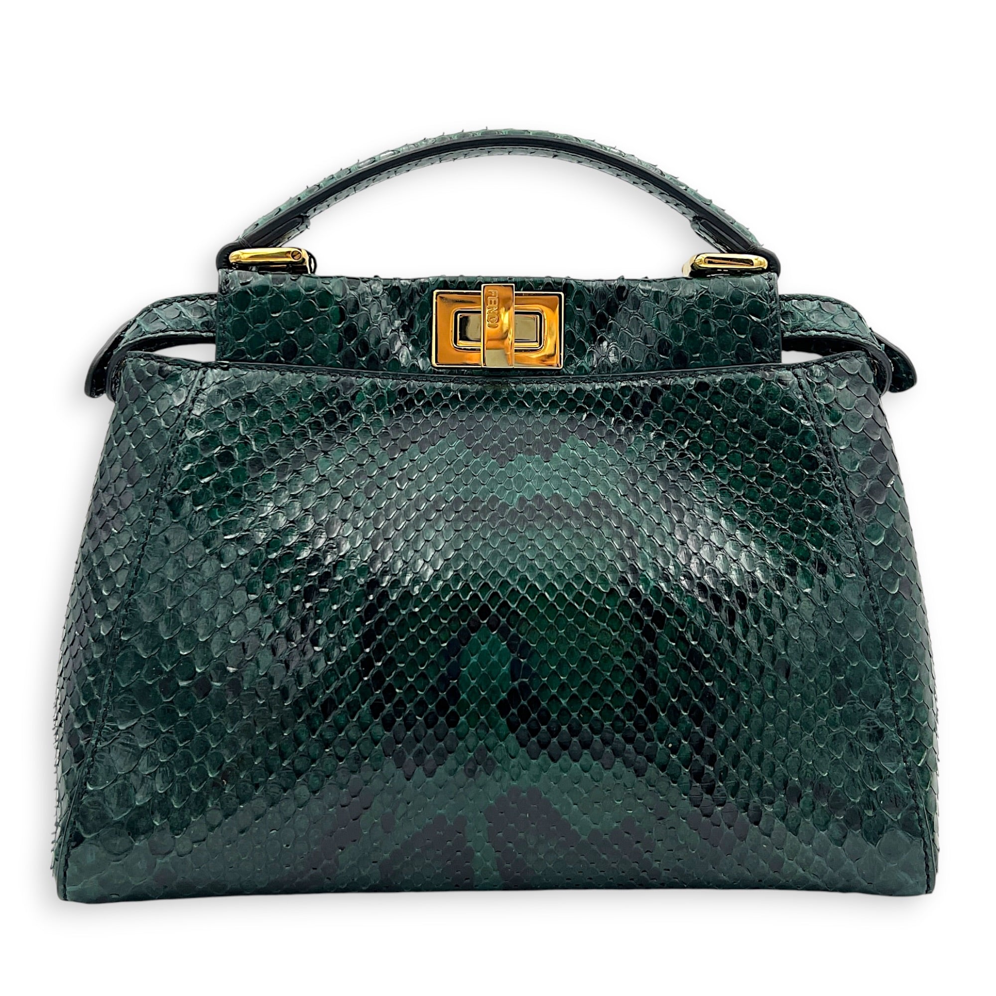 Peekaboo Top Handle Bag Green in Python Leather, Gold hardware